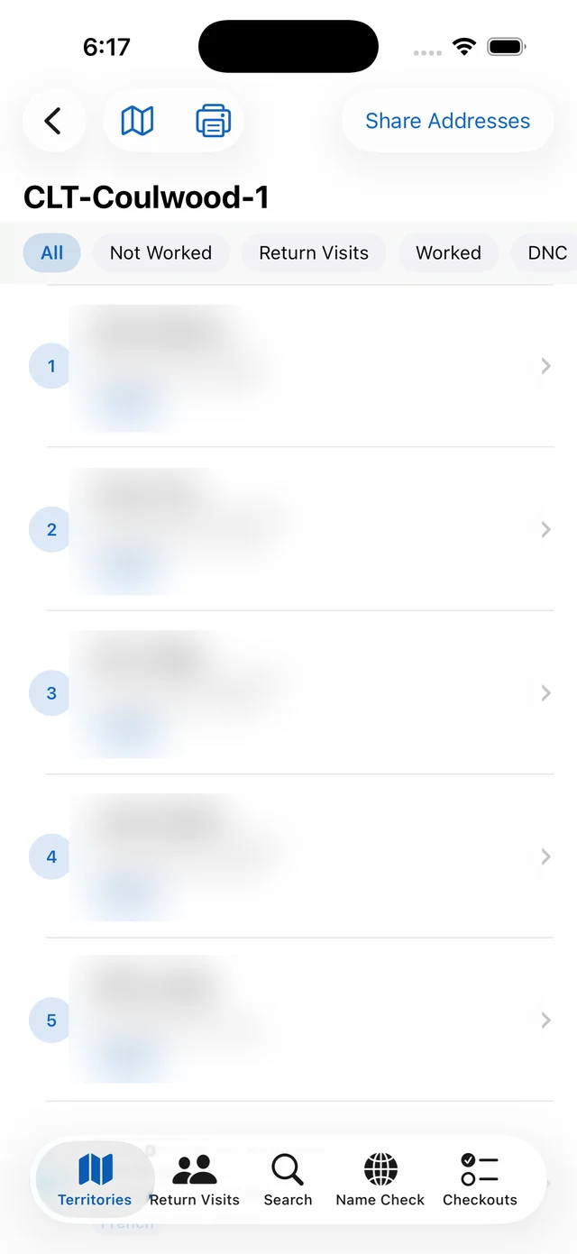Addresses in a territory on iPhone