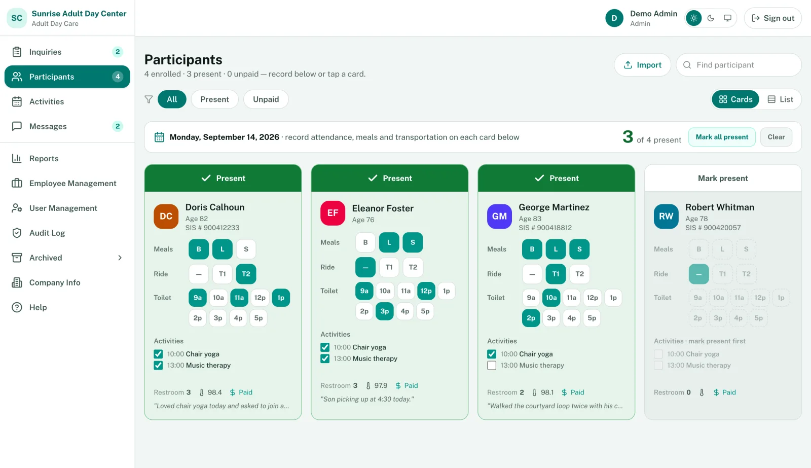 Senior Care Connected's participant screen: a card for each person, marked present with meals, rides and activities