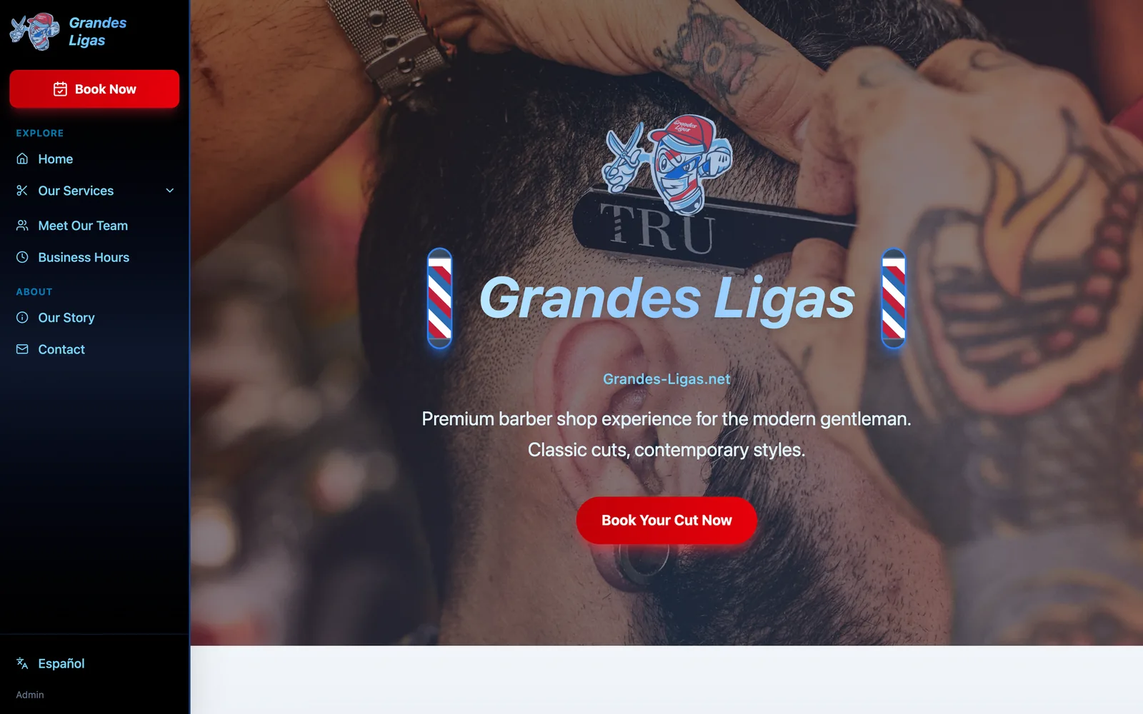 Grandes Ligas Barber Shop live website — bilingual landing page with online booking