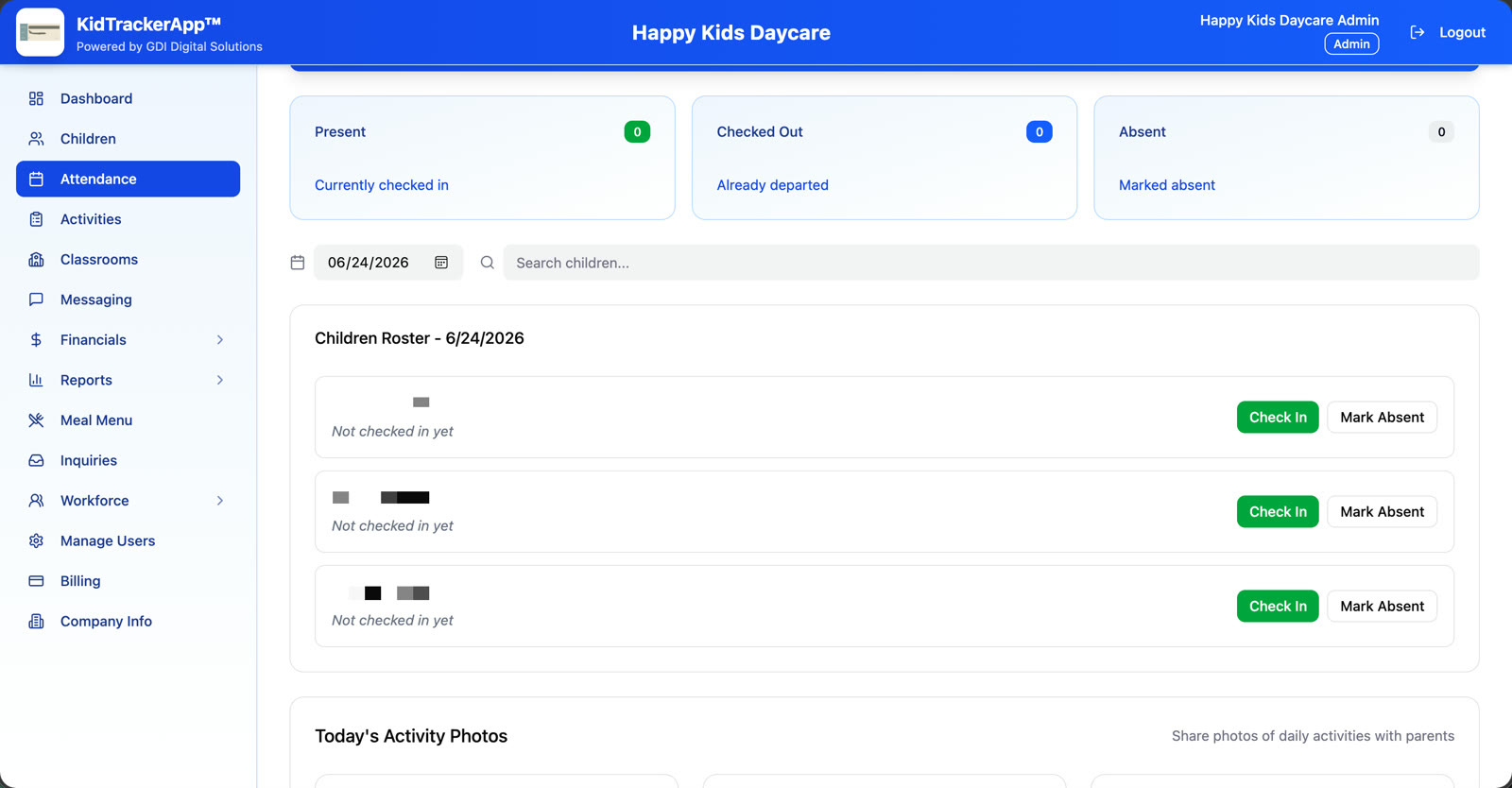 KidTrackerApp daycare management dashboard