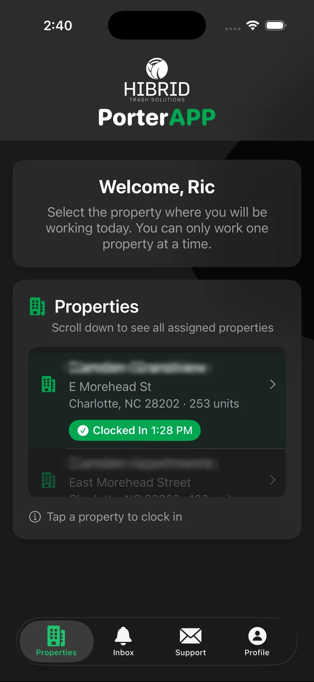 HIBRID Porter app — assigned properties