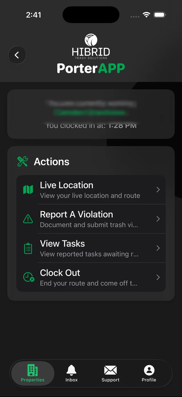 HIBRID Porter app — porter actions and clock-in
