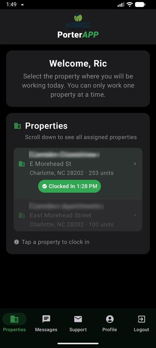 HIBRID Porter app on Android — assigned properties