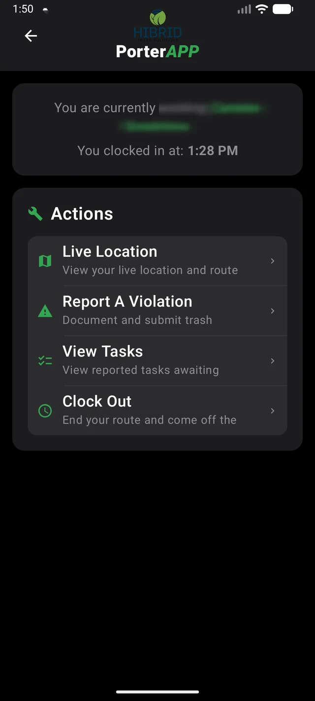 HIBRID Porter app on Android — clock-in and actions