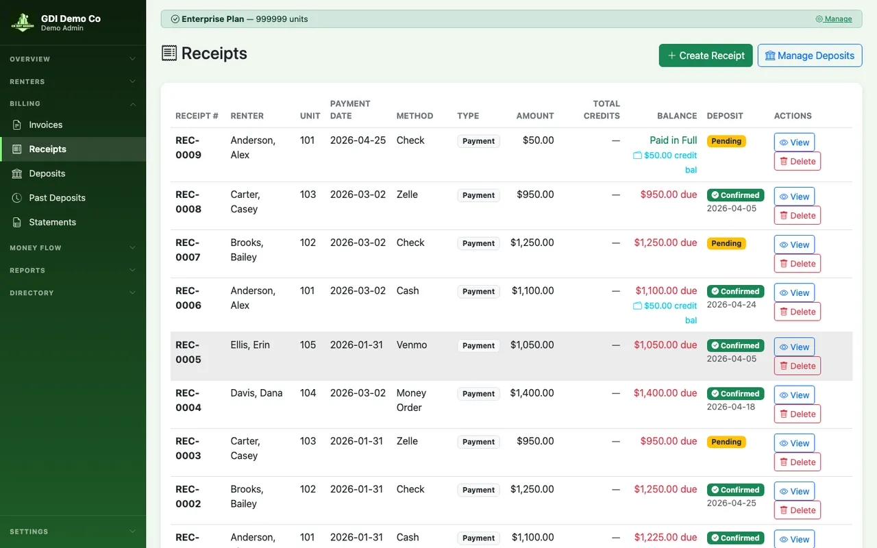GDI Rent Management — payments and receipts