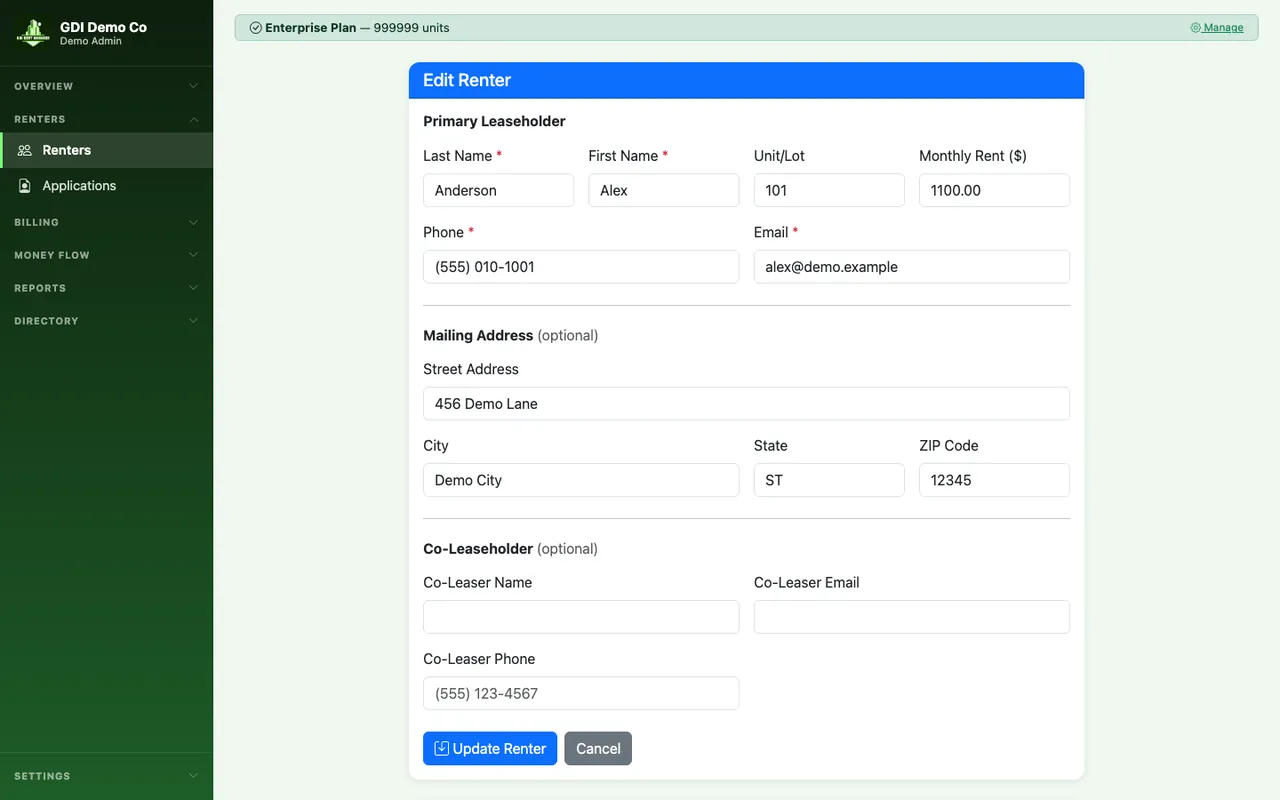 GDI Rent Management — renter detail and lease info